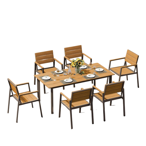 Set Of 6 Outdoor Dining Table & Chairs Set W/ Umbrella Hole