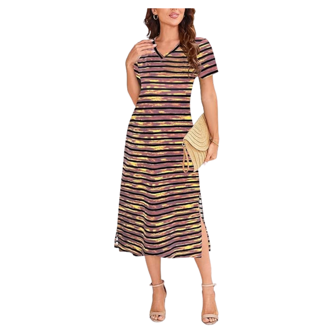 Naggoo Women's Short Sleeve V Neck Striped Midi Dress