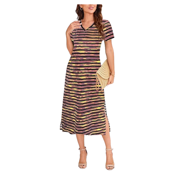 Naggoo Women's Short Sleeve V Neck Striped Midi Dress