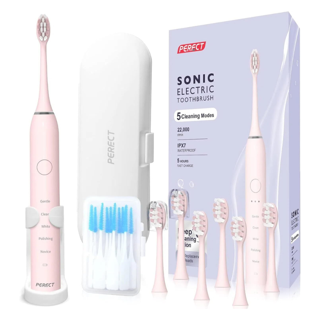 Perect Ultrasonic Electric Toothbrush W/ 6 Brush Heads & Travel Case