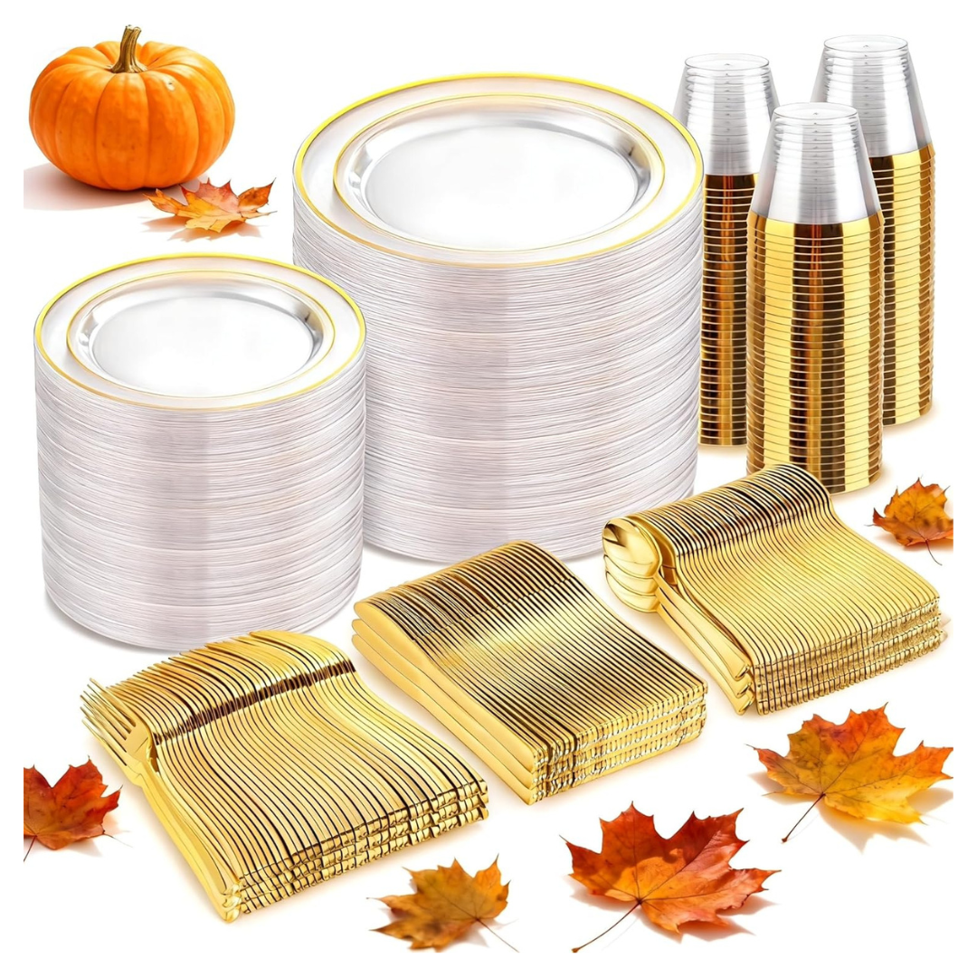 BUCLA 600Pcs Plastic Disposable Dinnerware Sets For 100 Guests