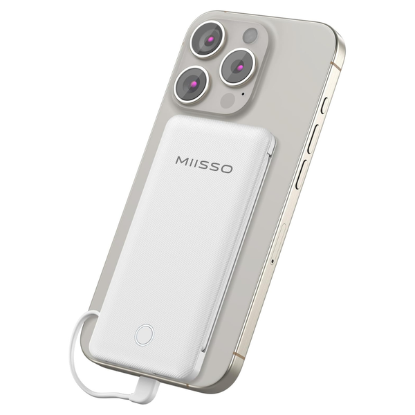 10000mAh Slim USB-C Portable Power Bank With Built-in Cables (White)