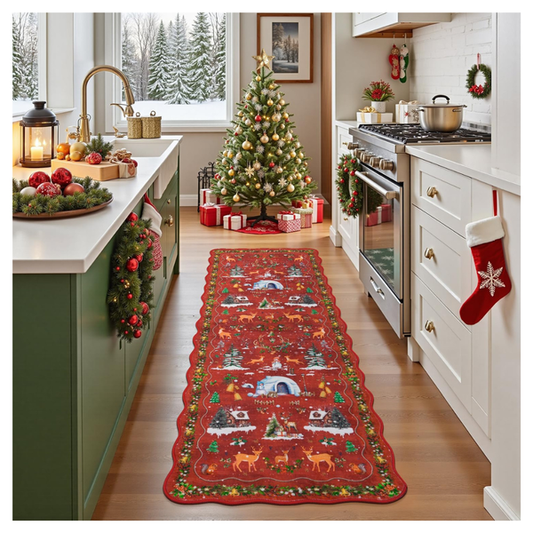 2' x 6' Non-Slip Washable Red Scalloped Runner Rug