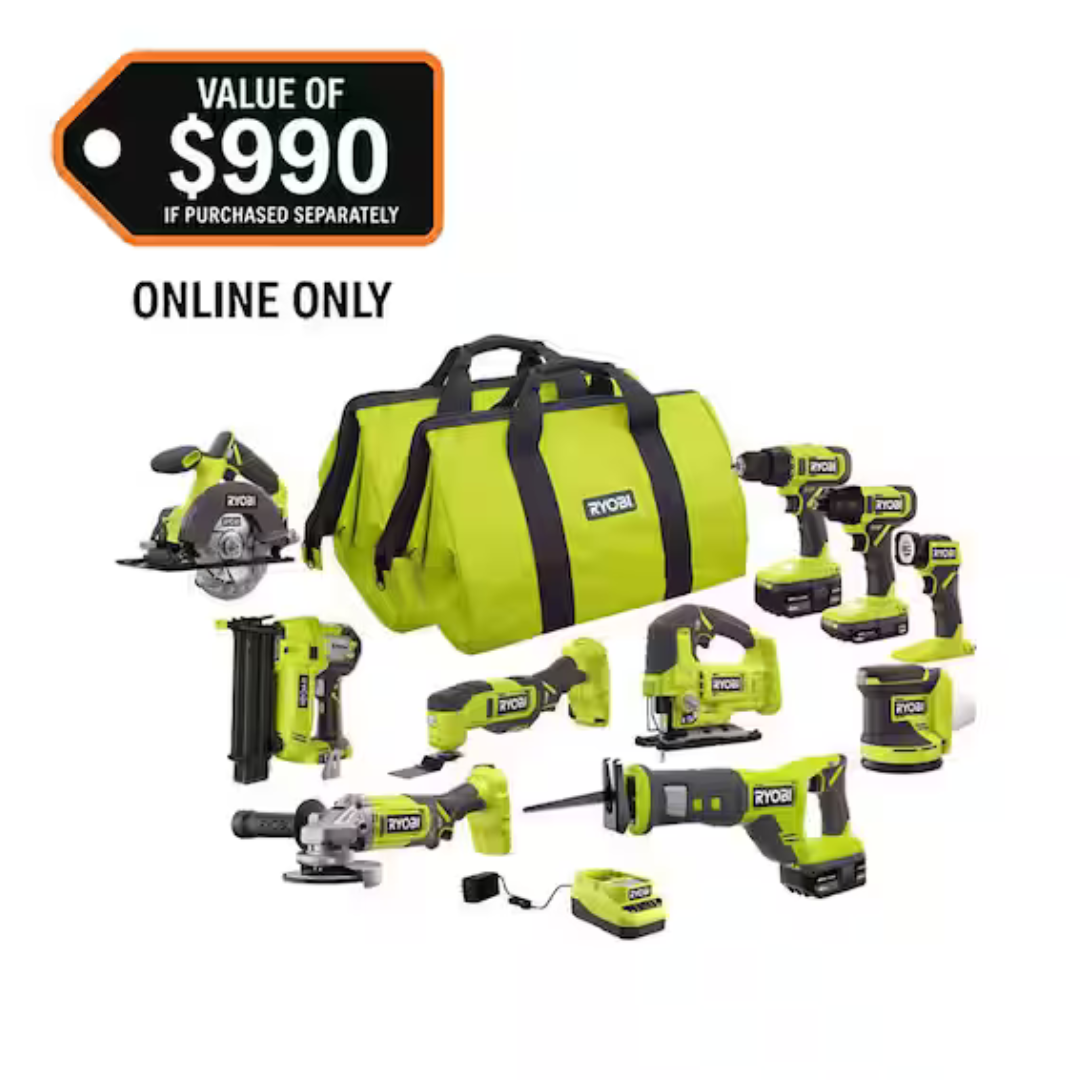 10-Tool RYOBI ONE+ 18V Combo Kit With (1) 1.5Ah & (2) 4Ah Batteries And Charger
