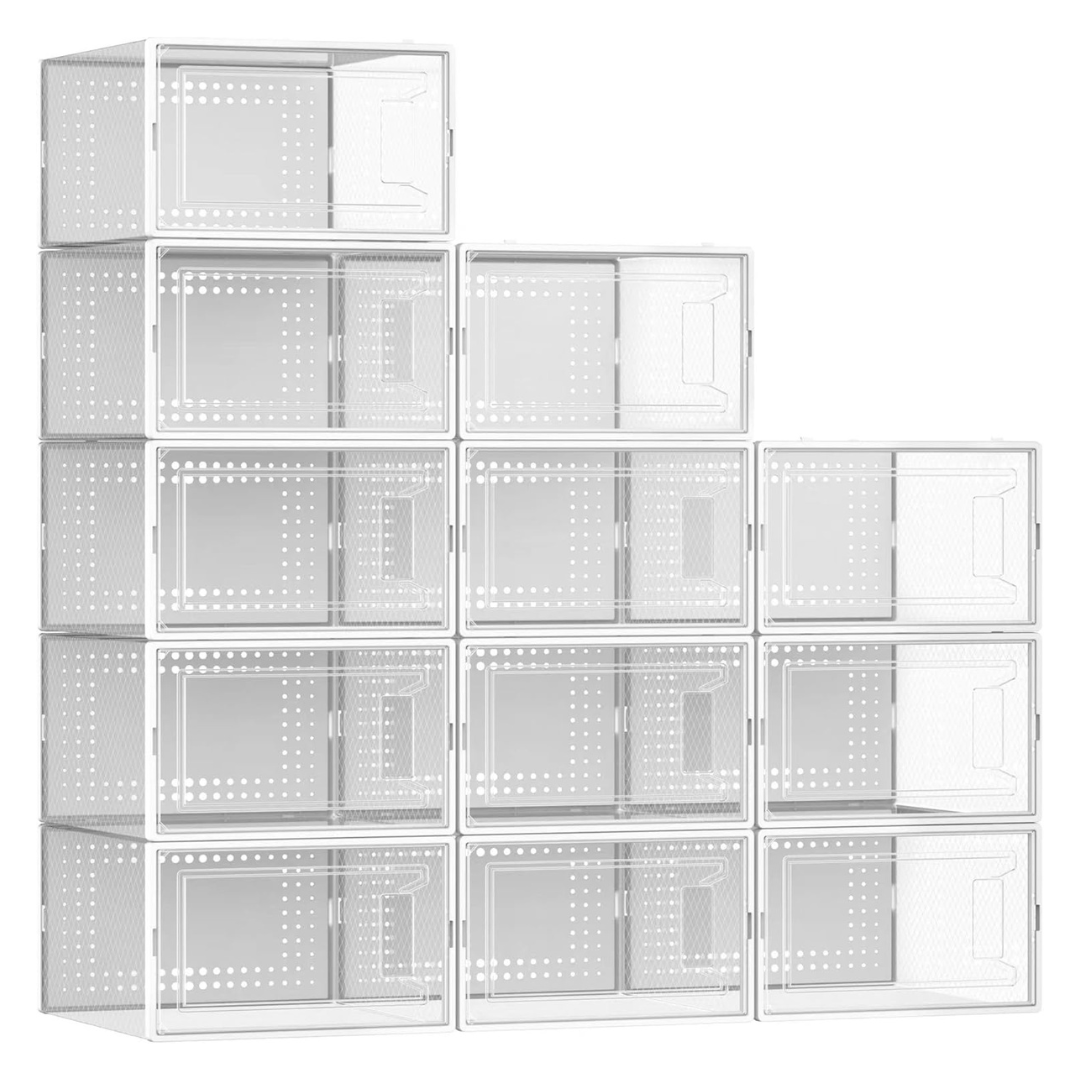 12-Pack Large Clear Plastic Shoe Organizer Boxes With Lids