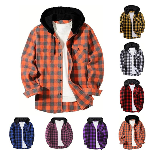 Men's Hooded Flannel Button Down Plaid Shirt (Various)