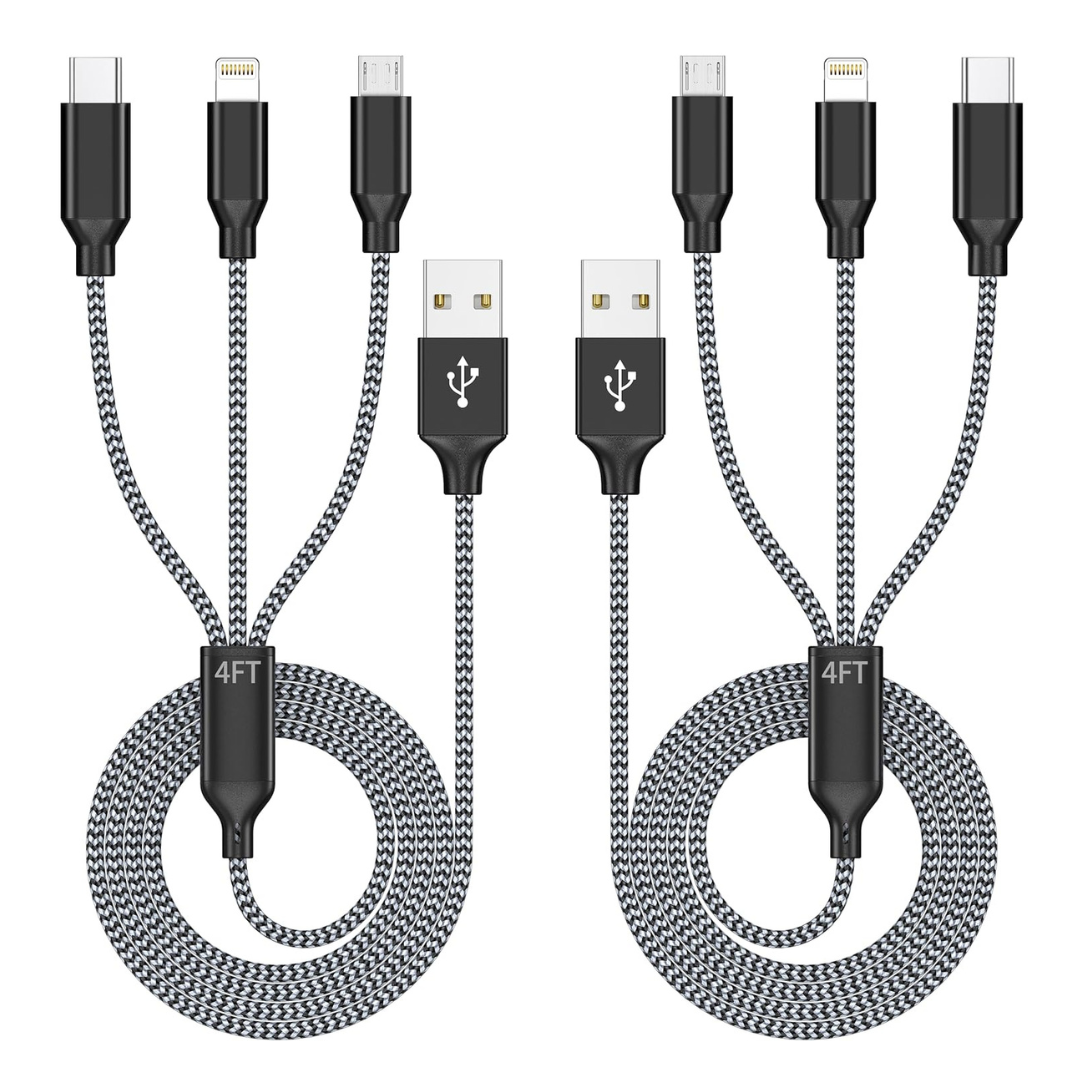 2-Pack 4ft 3-in-1 USB To USB-C/Micro/Lightning Charging Cable