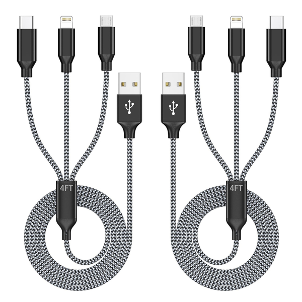 2-Pack 4ft 3-in-1 USB To USB-C/Micro/Lightning Charging Cable