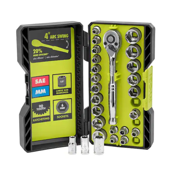 26-Piece Ryobi 1/4" Drive Ratchet & Socket Set