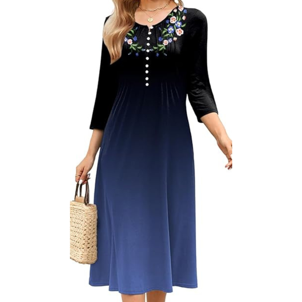 Women Casual V Neck 3/4 Sleeves Midi Dresses