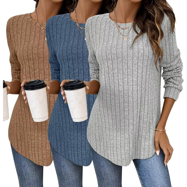 3-Pack Women's Long Sleeve Tunic Sweaters with Curved Hem