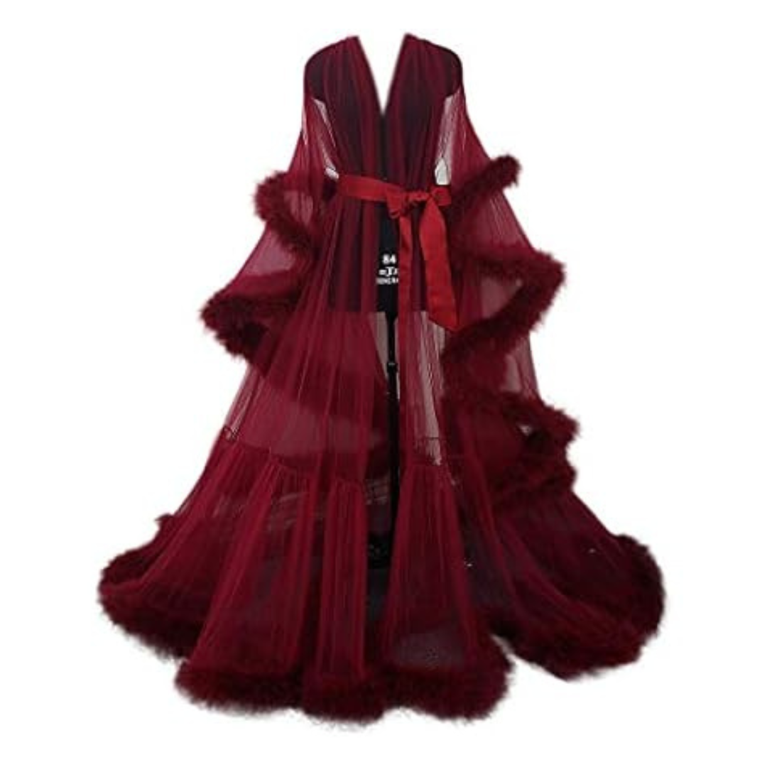 I DUI Bridal Boudoir Tulle Illusion Long Feather Robe