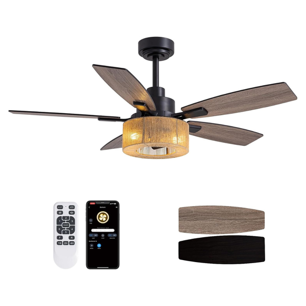 LuminFan 46" Boho Black Hemp Ceiling Fans With Lights