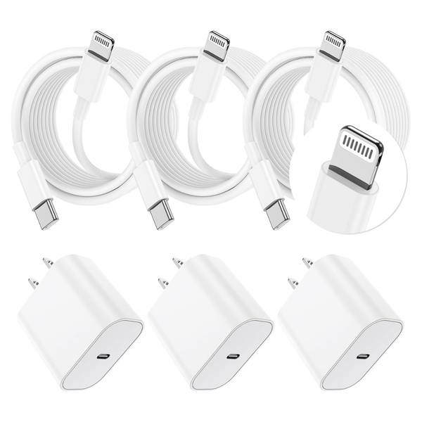 3-Pack 20W PD USB C Charger Block W/ 10ft iPhone Charging Cable
