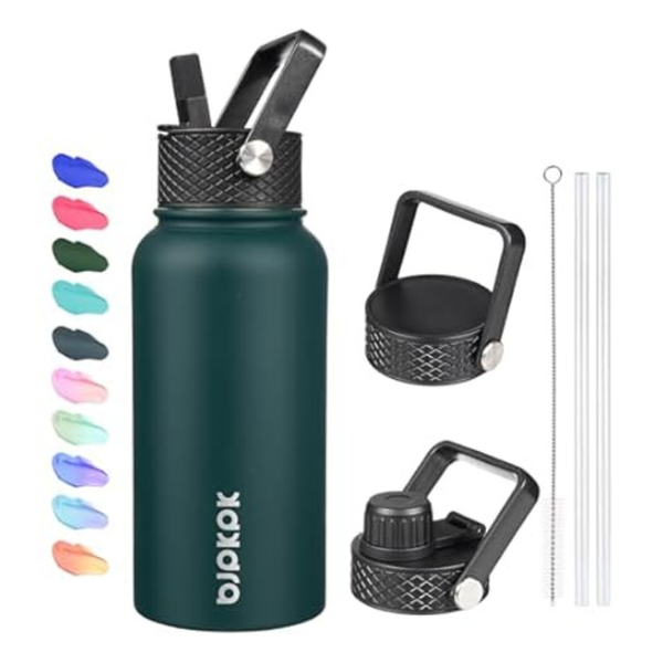 40-Oz Bjpkpk Stainless Steel Insulated Water Bottles W/ Straw Lid & 3 Lids