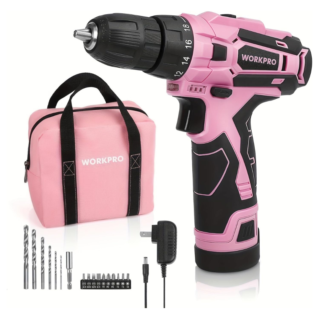 Workpro 12V Pink Cordless Drill Driver Set