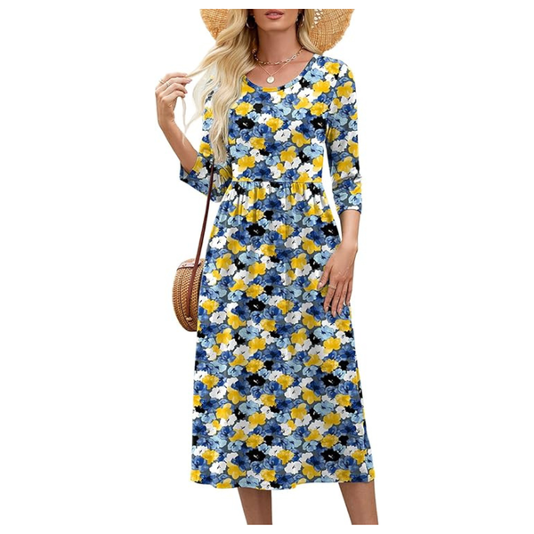 Women's Casual 3/4 Sleeve Crewneck A Line Flowy Dress