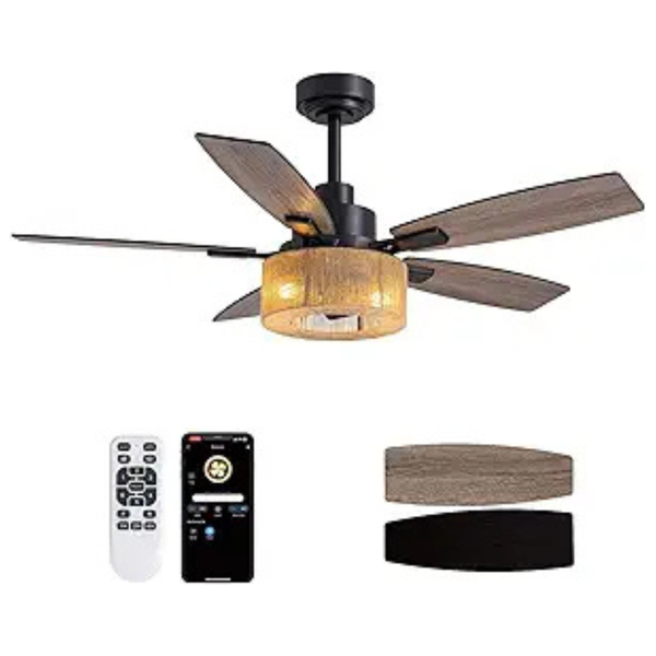 LuminFan 46" Boho Black Hemp Ceiling Fans with Lights