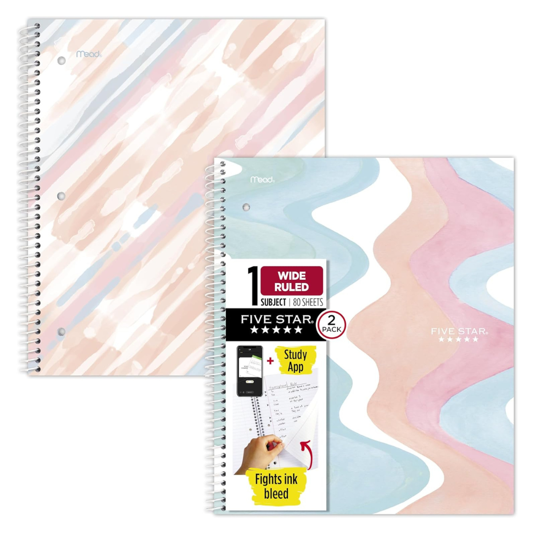 2-Pack Five Star Brushy Moves 1-Subject Spiral Notebooks w/ Study App