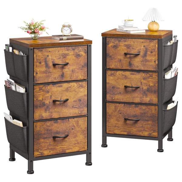 Set of 2 Wooden Night Stand with Drawers (Rustic Brown)