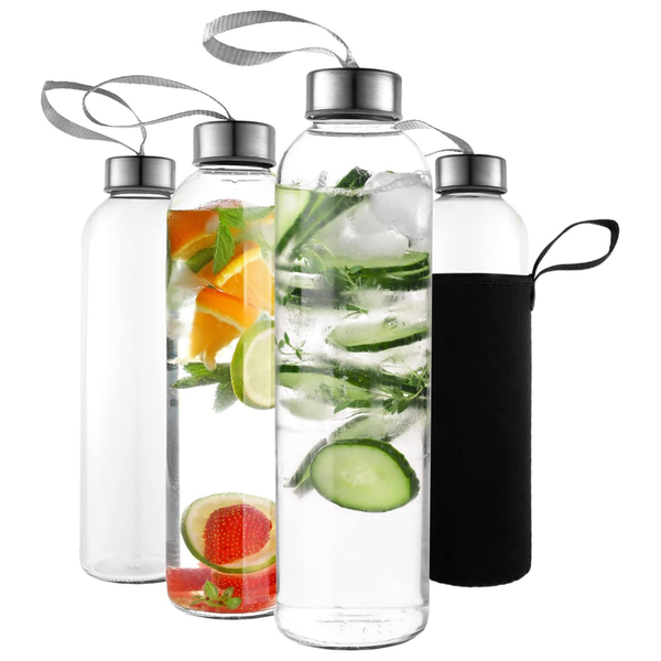 4-Pack 16-Oz Kitchen Lux Glass Reusable Water Bottles W/ Airtight