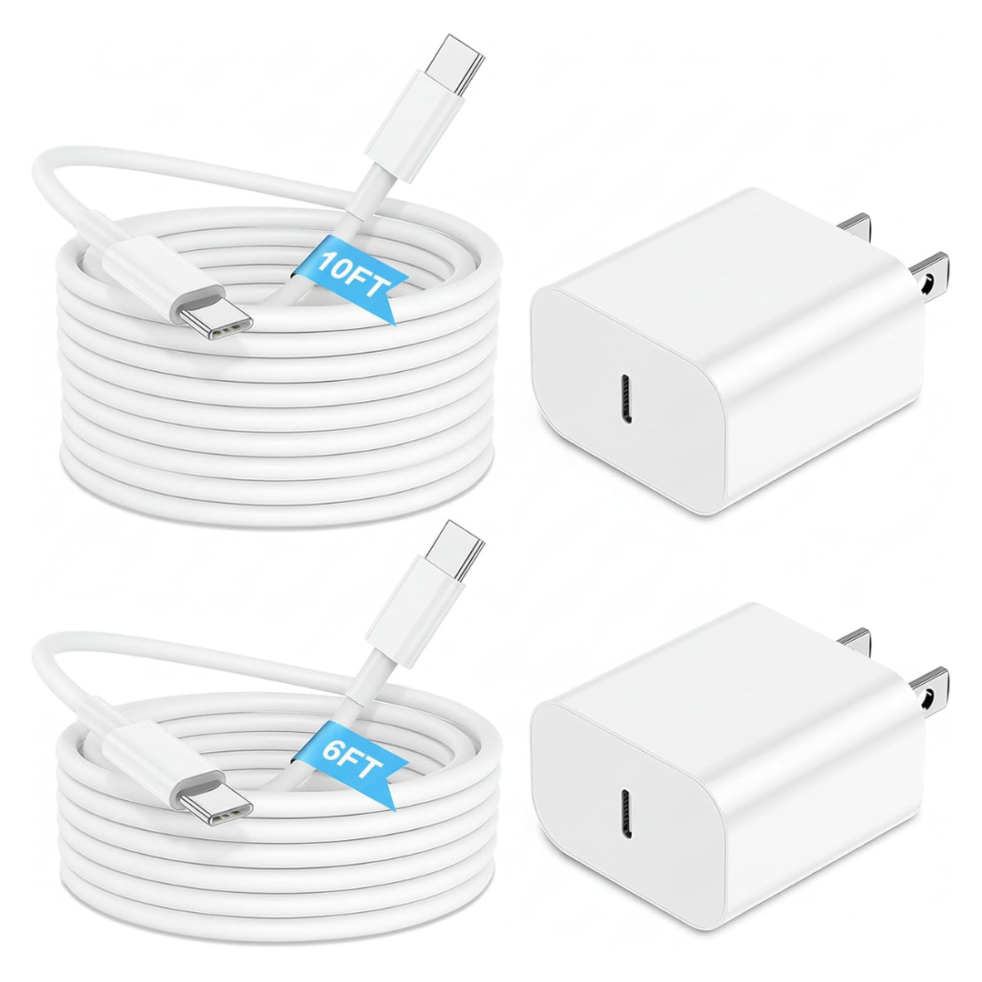2-Pack USB-C Fast Charger Kit With 10-Ft & 6-Ft Cables
