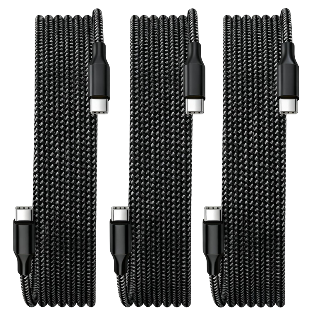 3-Pack 10-Feet 60W Nylon Braided USB-C To USB-C Charger Cables