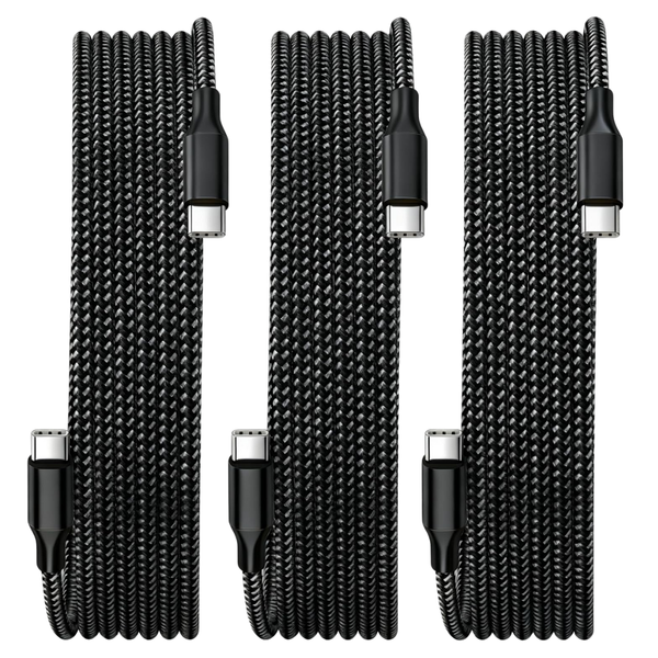 3-Pack 10-Feet 60W Nylon Braided USB-C To USB-C Charger Cables