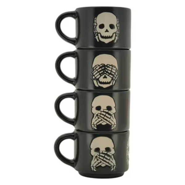 4-Piece 4oz Way To Celebrate Halloween Espresso Stoneware Stackable Mug Set W/ Iron Rack (Skeleton Or Ghost)