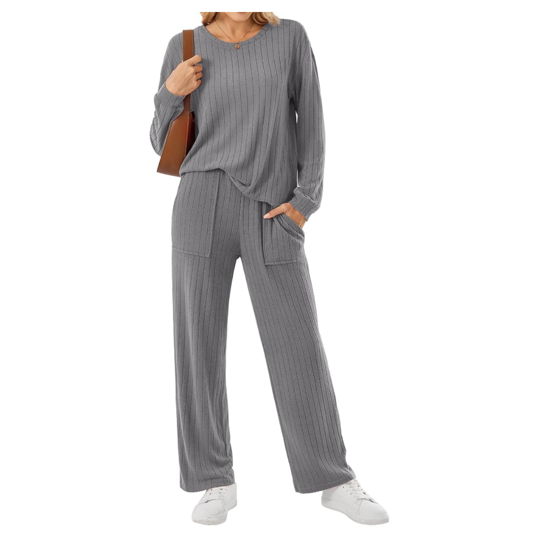 2-Piece Women's Ribbed Lounge Set with Long Sleeves and Pockets (various)