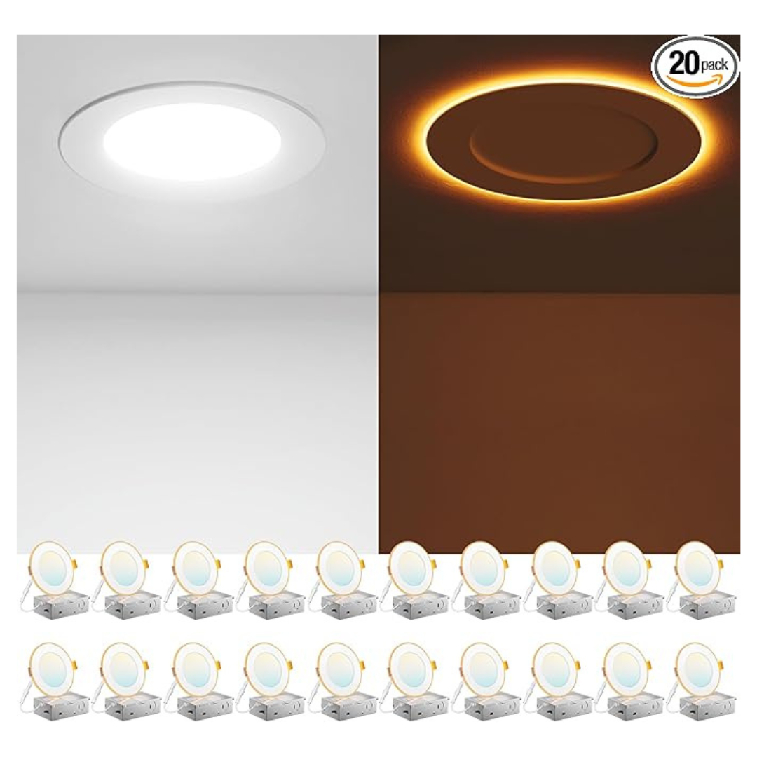 20-Pack Amico 4" 700L 5CCT LED Recessed Ceiling Light w/ Night Light