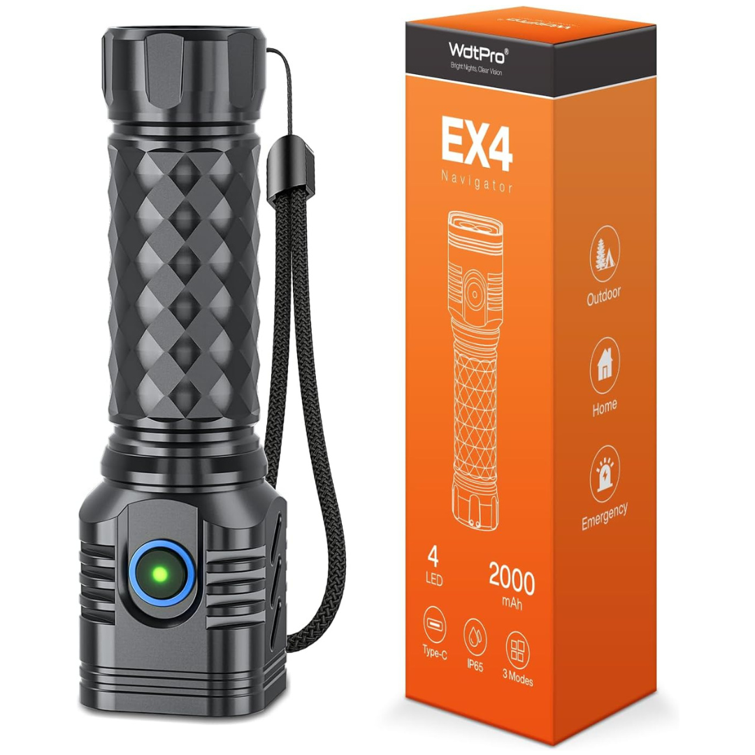 WdtPro 4 LEDs Waterproof High Lumens Rechargeable Metal Flahlight