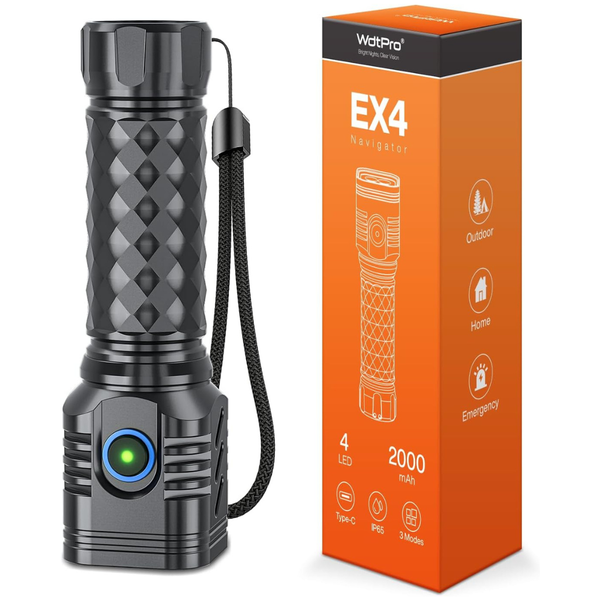 WdtPro 4 LEDs Waterproof High Lumens Rechargeable Metal Flahlight