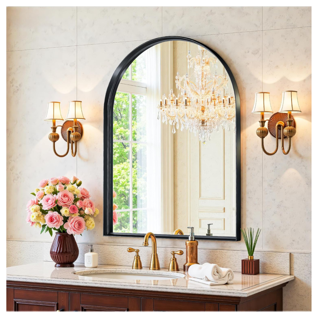 22" x 30" Arched Black Metal Wall Mirror