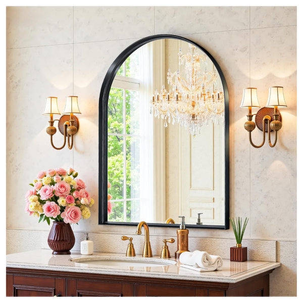 22" x 30" Arched Black Metal Wall Mirror