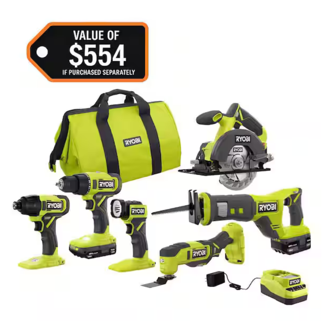 6-Tool Ryobi ONE+ 18V Cordless Combo W/ 1.5Ah + 4.0Ah Batteries & Charger
