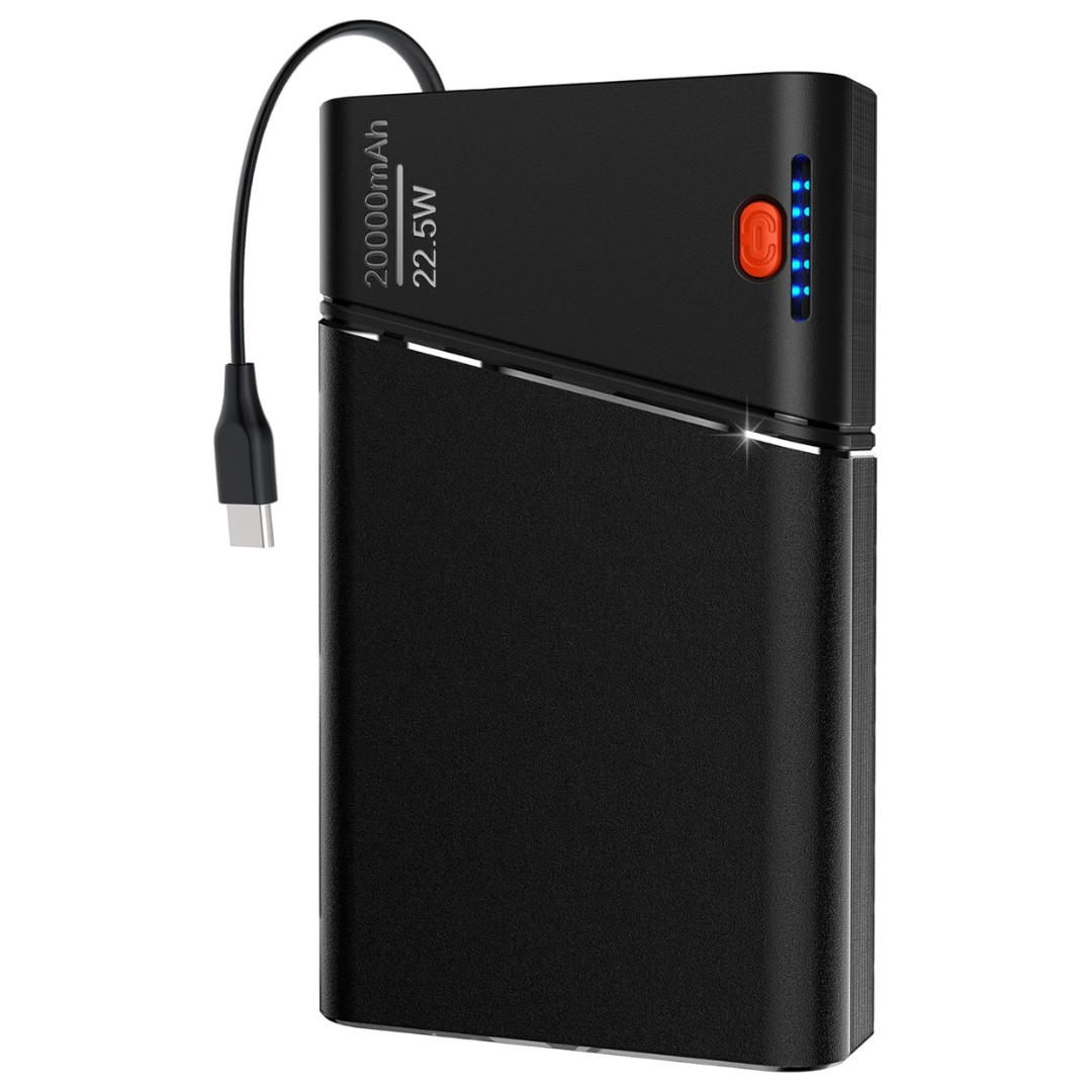 20000mAh Kesguar 22.5W Portable Power Bank W/ Built-In USB-C Cable
