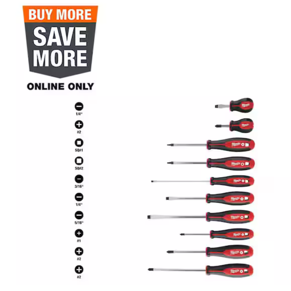 10-Piece Milwaukee 3-8" Phillips/Slotted/Square Screwdriver Kit
