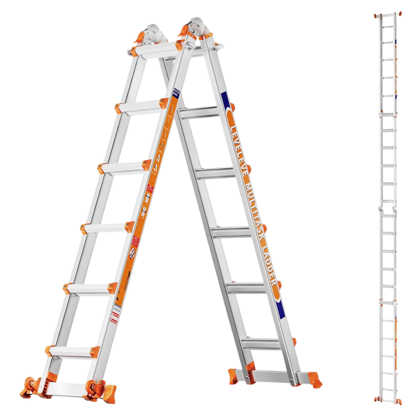 20ft 330lbs Load 6 Step Extension Ladder With Stabilizer Bar & Wheels