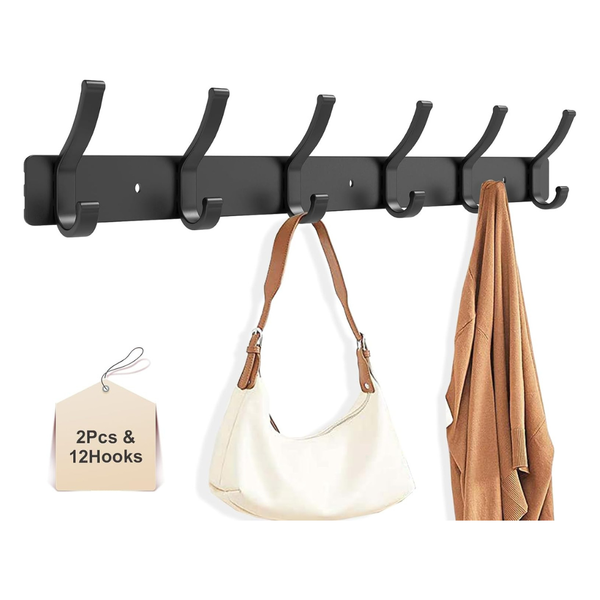 2-Pack Wall Mount Metal Coat Rack With 6 Dual Hooks