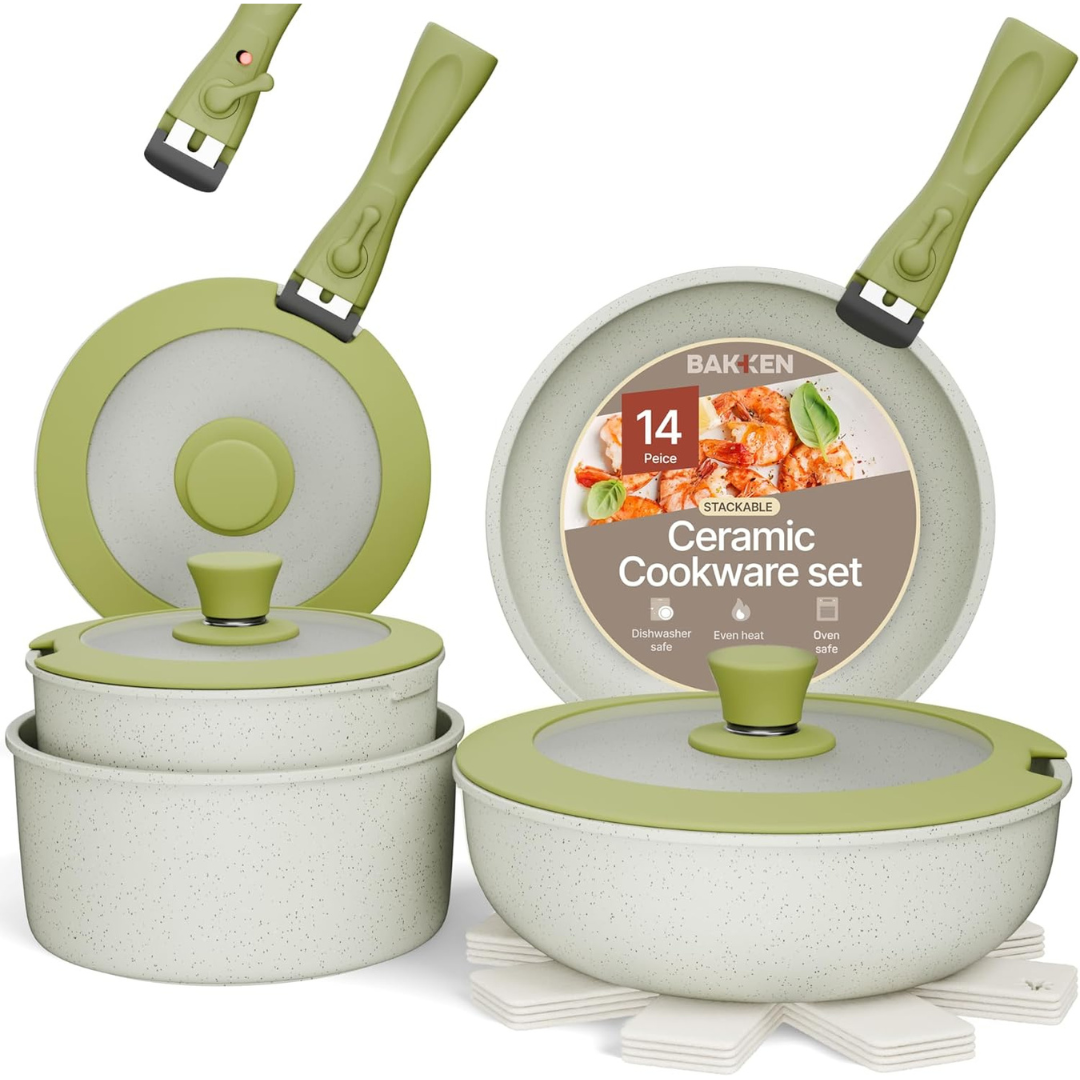 15-Piece Non Stick Cookware with Detachable Handles