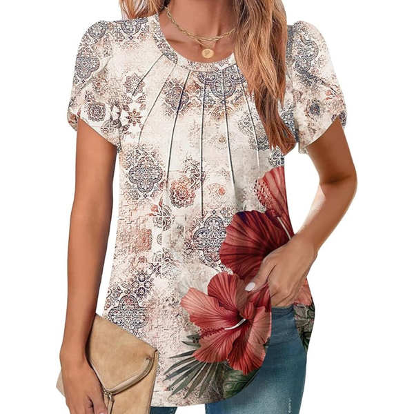 Ladies Pleated Casual T Shirts Floral Blouses (Various)