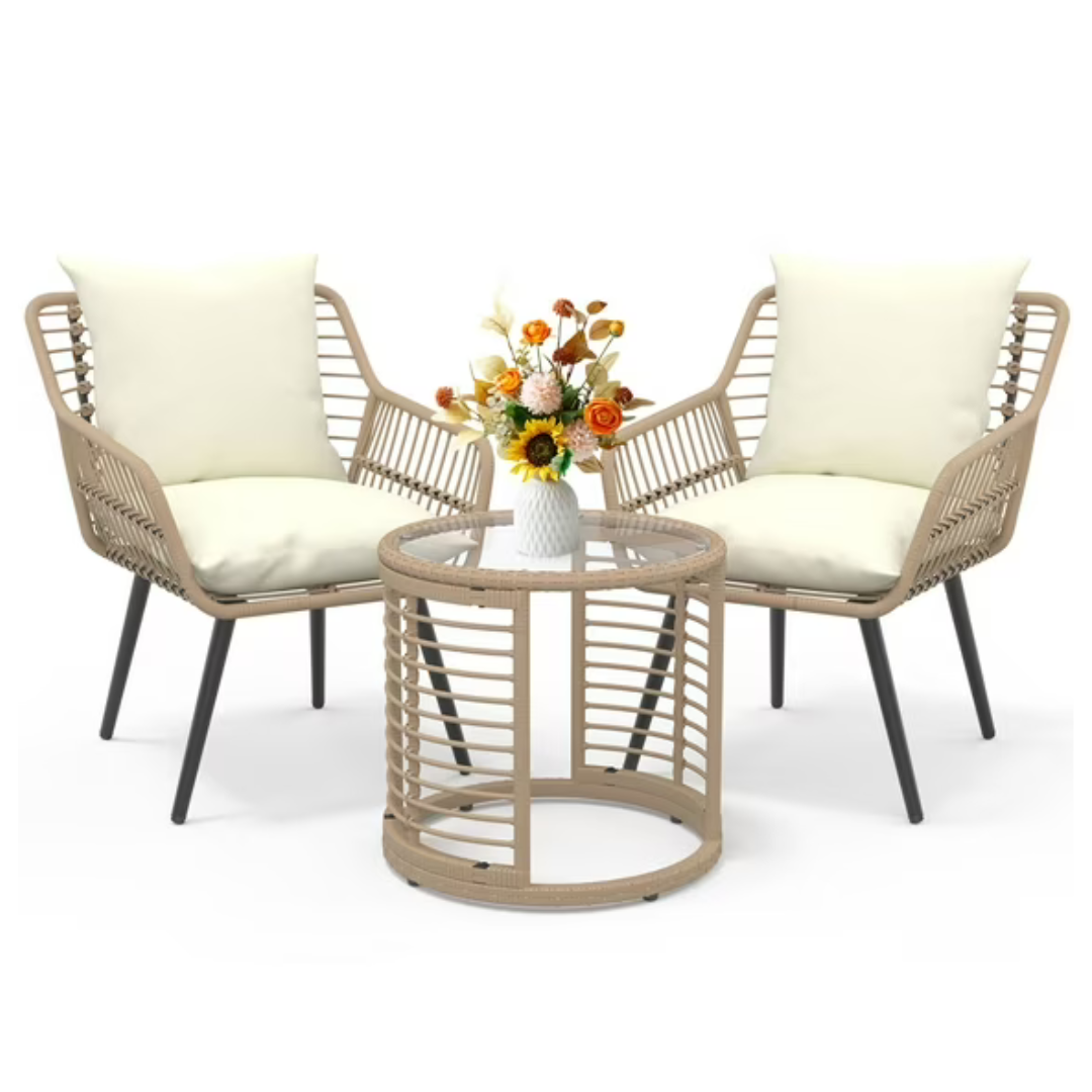 3-Piece Steel Outdoor Bistro Sets with Metal Chairs and Glass Top Table