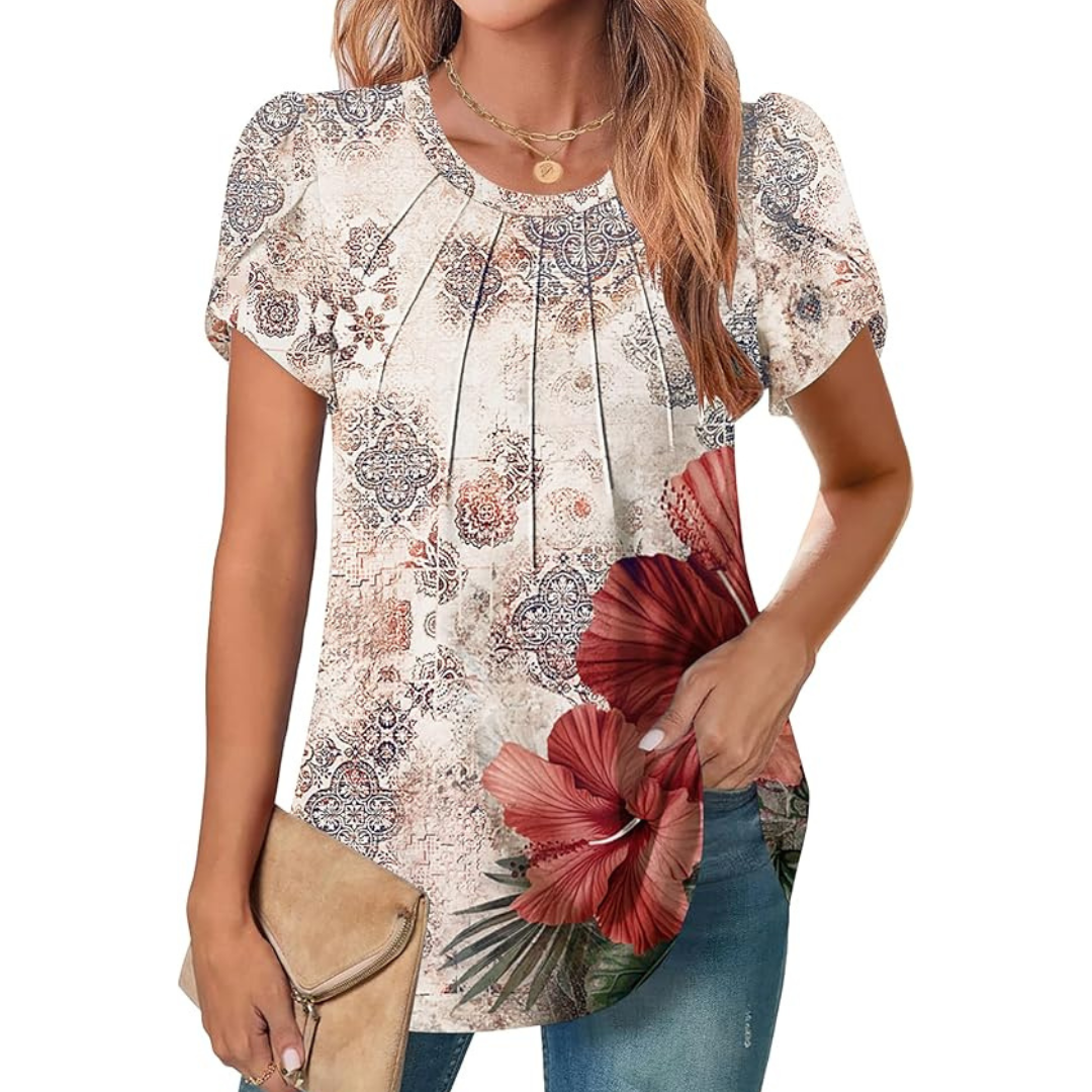 Ladies Pleated Casual T Shirts Floral Blouses (Various)