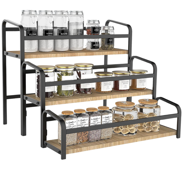 3-Tier Countertop Spice Rack Organizer with Wooden Steps