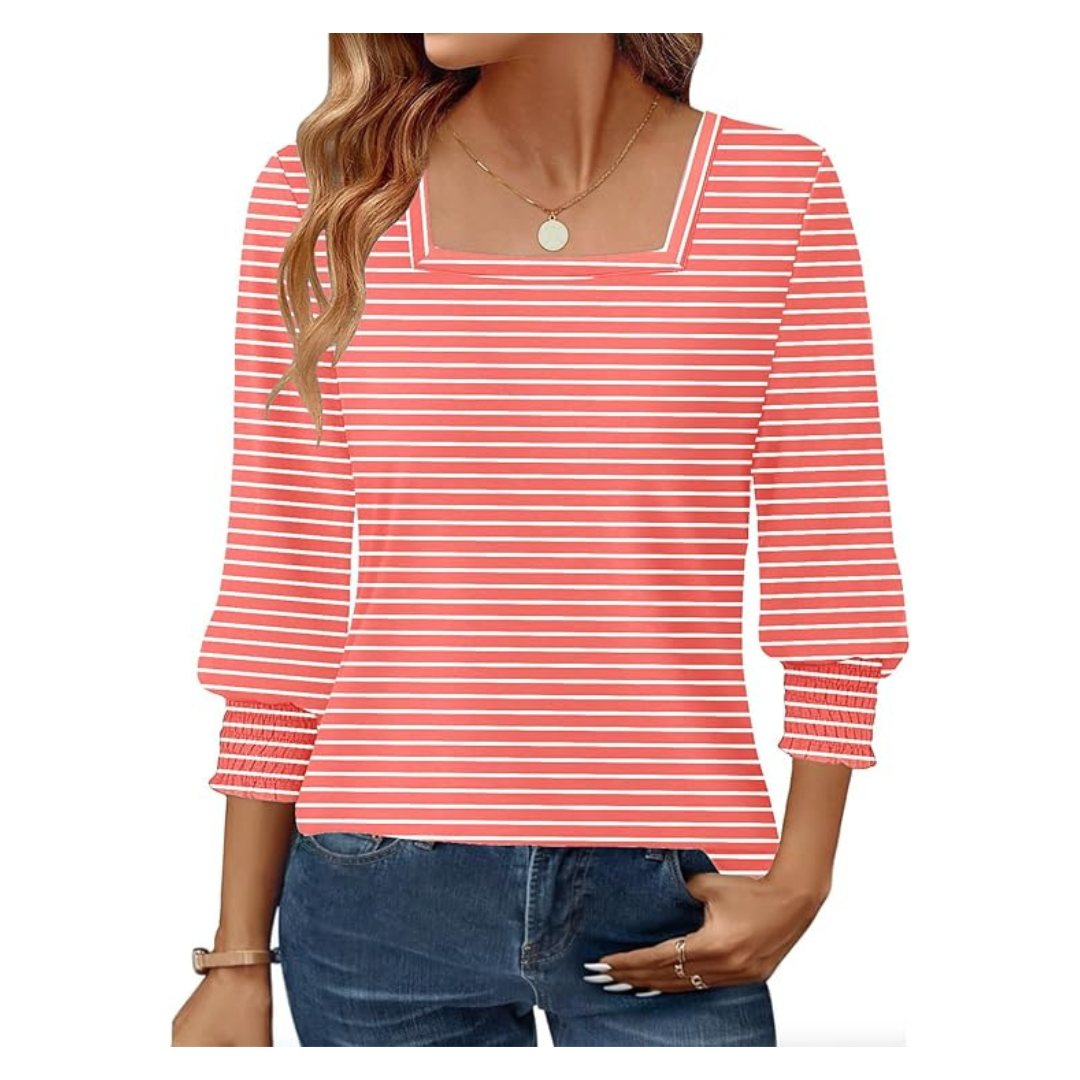 Women's 3/4 Sleeve Square Neck Smocked Cuffs Tops (Various Colors)