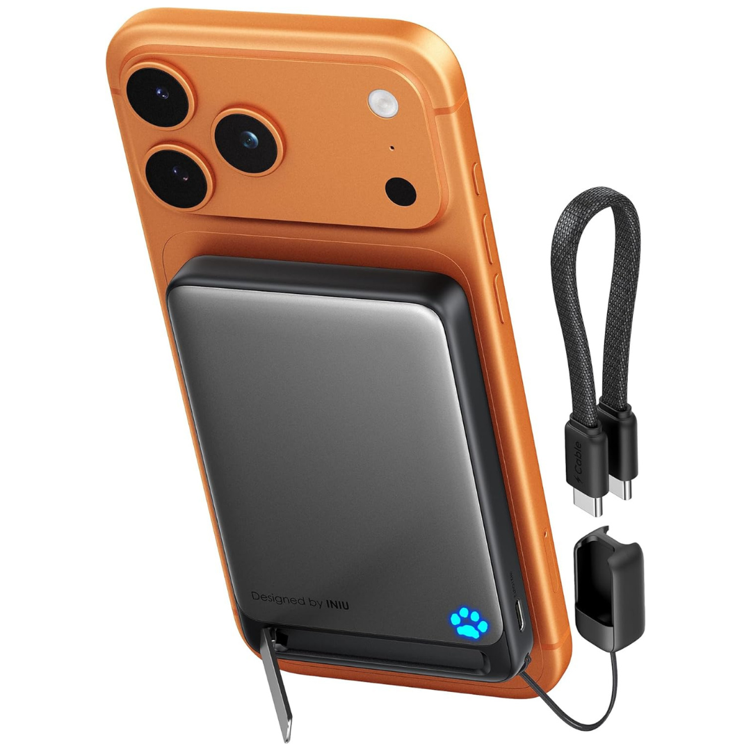 10000mAh INIU Qi2 Certified 15W MagSafe Power Bank & 45W PD W/ USB-C Cable & Stand