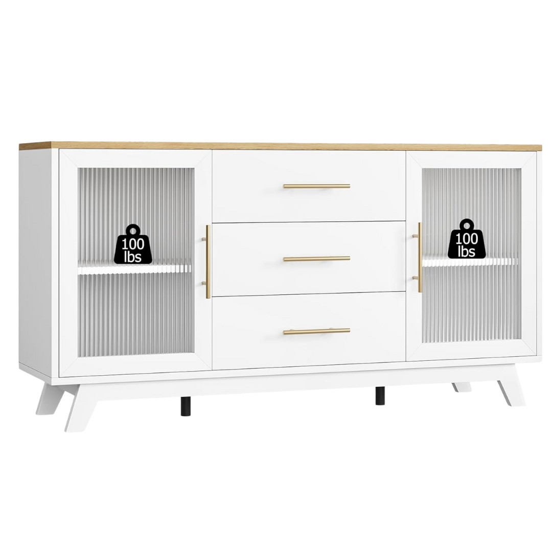 56" Coffee Bar Cabinet With Fluted Glass Doors & 3 Drawers