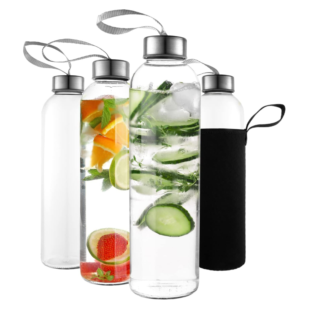 4-Pack 16oz Kitchen Lux Glass Reusable Water Bottles W/ Airtight