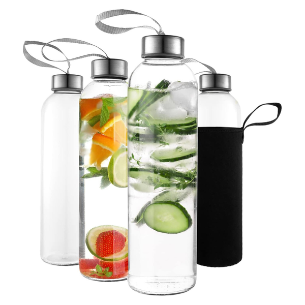 4-Pack 16oz Kitchen Lux Glass Reusable Water Bottles W/ Airtight